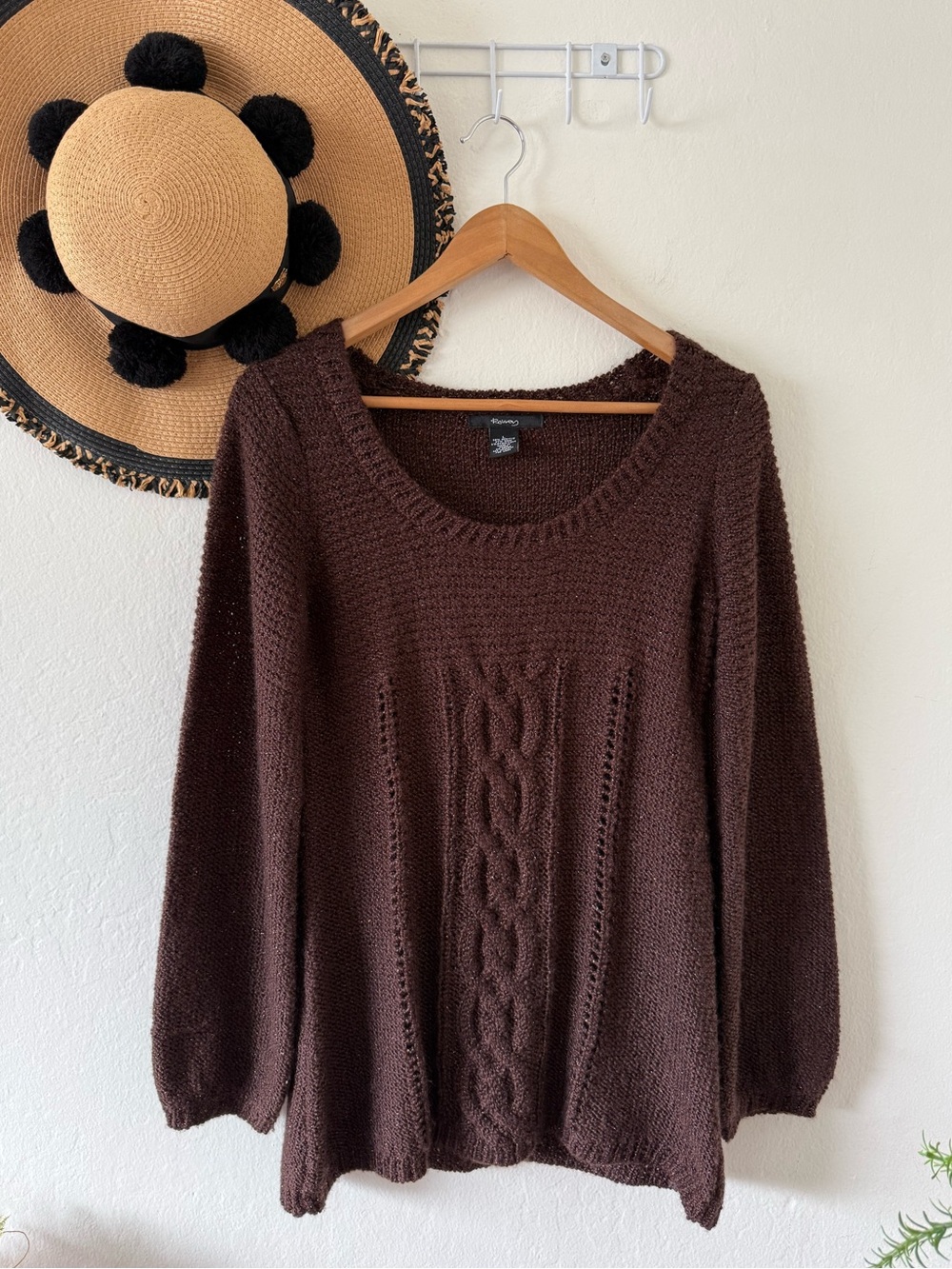 Raisey Brown Wool Blend Cable Knit Babydoll Sweater Shimmer Size Large Y2K Fall